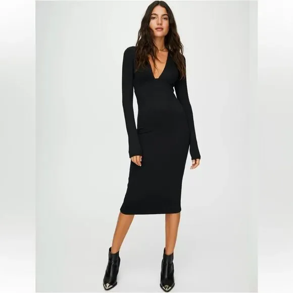 Aritzia Wilfred Free Abby Dress Black Deep Plunge Long Sleeve - Picture 1 of 10